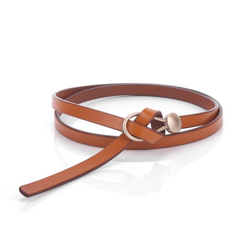 NEW Women’s Adjustable Self Tie Knot Brushed Gold Buckle Thin Faux Leather Belt - Picture 9 of 12